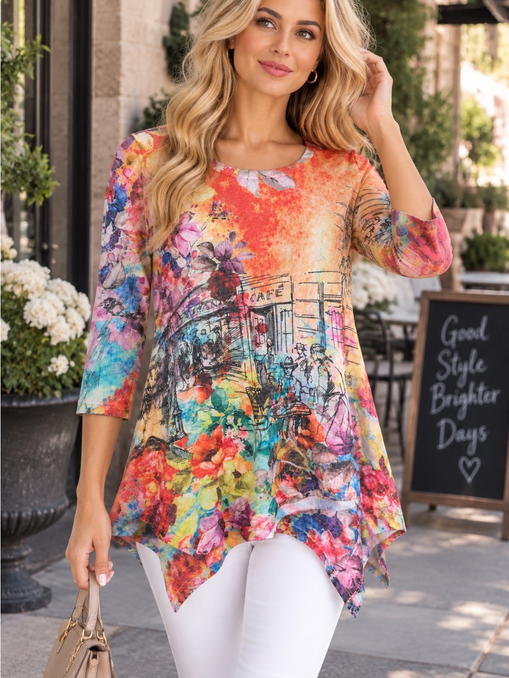 T77 INOAH Made in USA Floral Café Art Print Asymmetrical Tunic Top M